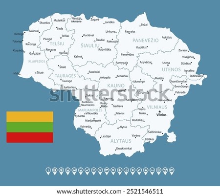 Lithuania - detailed blue country map with cities and regions. Infographic icons. Vector illustration
