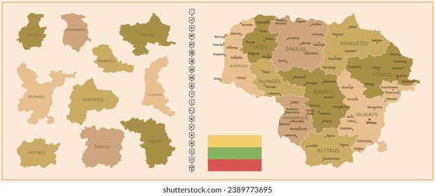 Lithuania - detailed map of the country in brown colors, divided into regions. Vector illustration