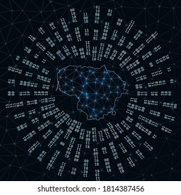 Lithuania digital map. Binary rays radiating around glowing country. Internet connections and data exchange design. Vector illustration.