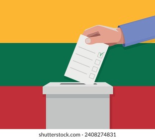 Lithuania election concept. Hand puts vote bulletin into vote box.