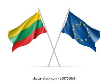 Lithuania and European Union waving flags on flagpole. EU sign with twelve gold stars on blue and Lithuania national symbol yellow, green and red colors. Two flags isolated on white background