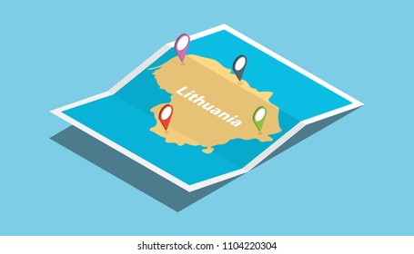 lithuania explore maps with isometric style and pin location tag on top vector illustration