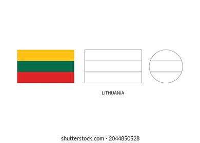 Lithuania flag 3 versions, Vector illustration, Thin black line of rectangle and the circle on white background.