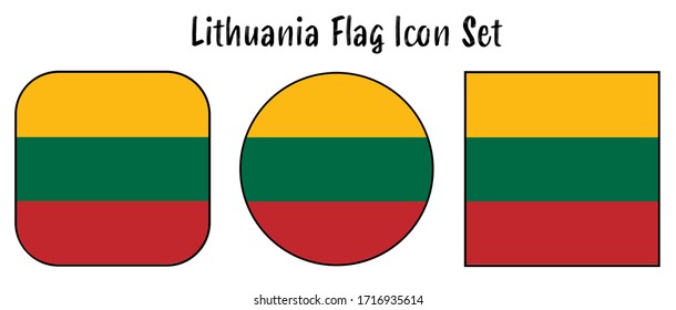 Lithuania Flag Button set - rounded, circle, and square for European push button concepts.	