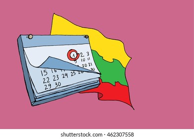 Lithuania flag and calendar. National day. Hand drawn vector stock illustration. 