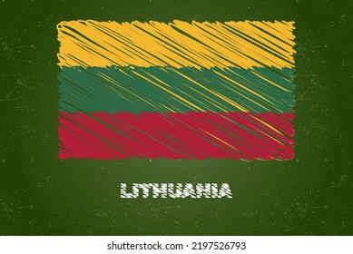 Lithuania flag with chalk effect on green chalkboard, hand drawing country flag concept, green blackboard with Lithuania flag, chalk texture, flag for kids, classroom material