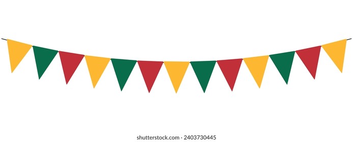 Lithuania flag color garland, string of yellow, green and red triangular flags, pennants, panoramic vector element