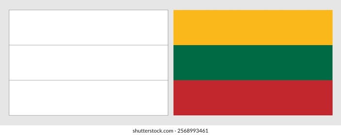 Lithuania flag - coloring page. Set of white wireframe thin black outline flag and original colored flag.