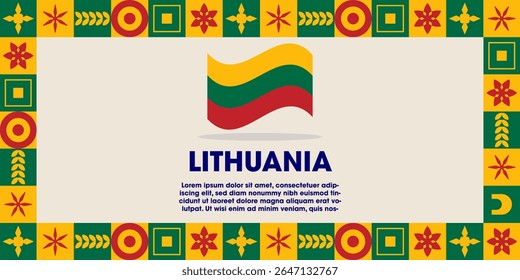 Lithuania Flag Design banner with cultural design. Independence day design for Lithuania celebration. Modern neo geometric retro design with flag, showcasing national pride and heritage.