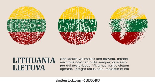 Lithuania flag design concept. Flags collection textured in grunge style with country name. Image relative to travel and politic themes. Translation of the inscription: Lithuania