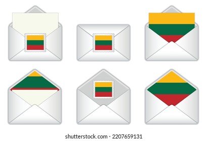 Lithuania flag in the envelope. Lithuanian
 stamp flag. Opened, closed Lithuanian letter, isolated on white background.