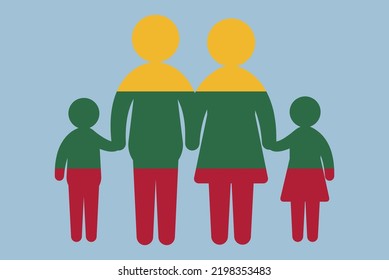 Lithuania flag with family concept, vector element, parent and kids holding hands, immigrant idea, happy family with Lithuania flag, flat design asset