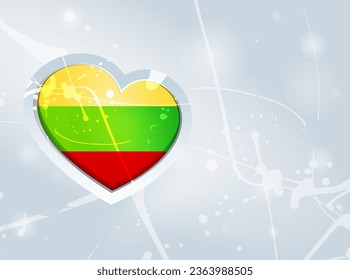 Lithuania Flag in the form of a 3D heart and abstract paint spots background. Flag of Lithuania. Use for brochures, printed materials, logos, signs, elements, etc.