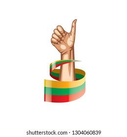 Lithuania flag and hand on white background. Vector illustration