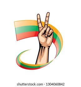 Lithuania flag and hand on white background. Vector illustration