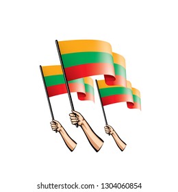 Lithuania flag and hand on white background. Vector illustration
