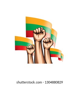 Lithuania flag and hand on white background. Vector illustration