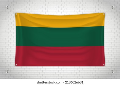 Lithuania flag hanging on brick wall. 3D drawing. Flag attached to the wall. Neatly drawing in groups on separate layers for easy editing.