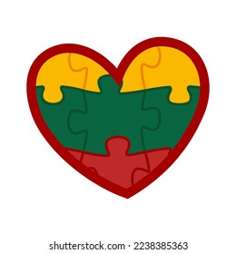 Lithuania flag icon. Colored puzzle pieces of the Lithuanian flag. Symbol of love. Heart on a white background - logo. Graphic emblem.