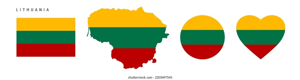 Lithuania flag icon set. Lithuanian pennant in official colors and proportions. Rectangular, map-shaped, circle and heart-shaped. Flat vector illustration isolated on white.