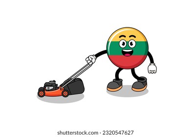 lithuania flag illustration cartoon holding lawn mower , character design