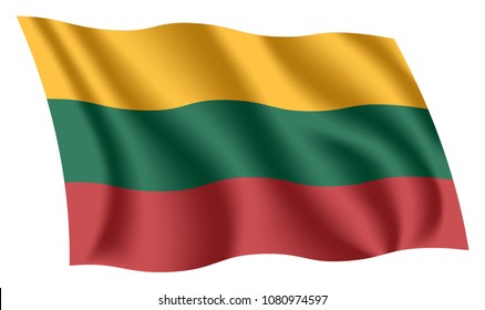 Lithuania flag. Isolated national flag of Lithuania. Waving flag of the Republic of Lithuania. Fluttering textile lithuanian flag.