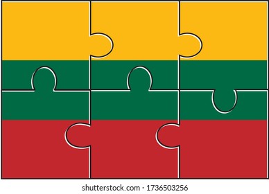 Lithuania Flag Jigsaw Puzzle. Vector illustration. 6 pieces of puzzles. Simple puzzles for kids