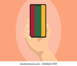 Lithuania flag on mobile phone screen, holding smartphone, advertising social media or banner concept, Lithuania flag showing on phone screen, technology news idea