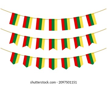 Lithuania flag on the ropes on white background. Set of Patriotic bunting flags. Bunting decoration of lithuania flag