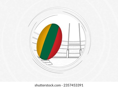 Lithuania flag on rugby ball, lined circle rugby icon with ball in a crowded stadium. Vector sport emblem on abstract background.