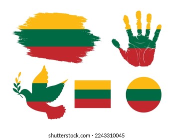 Lithuania flag set, flag of Lithuania collection. Flag in grunge, Dove, Handprint, square and round shape. vector illustration