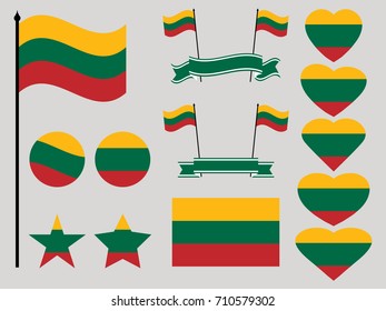 Lithuania flag set. Collection of symbols heart and circle. Vector illustration
