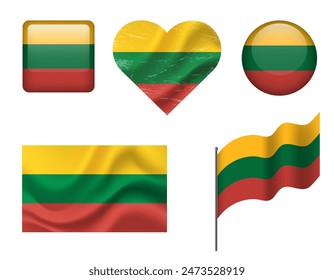 Lithuania flag set of icons. Vector flag of Lithuania, symbol. Set of Lithuania flags button, waved, heart.