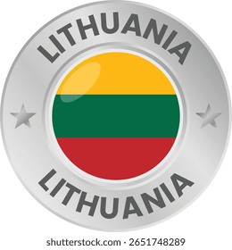 Lithuania flag in silver colored medal. National flag in metal circle emblem.