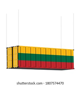 Lithuania flag symbol on cargo containers hang by chain, the concept import and export business of country.