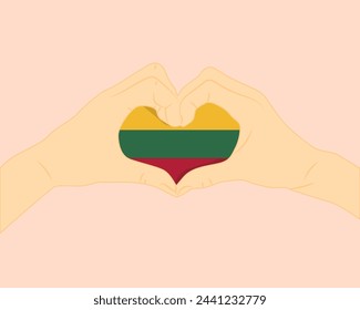 Lithuania flag with two hands heart shape, express love or affection concept, support or donate to Lithuania, hand heart love sign, vector design, patriotism and nationalism idea