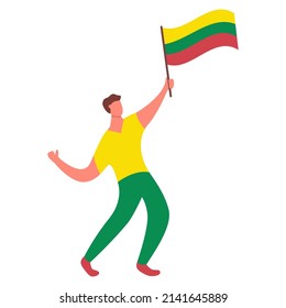 Lithuania flag waving man.Joyful guy hand holding Lithuania flag.Character cartoon vector flat illustration. Isolated on white background.