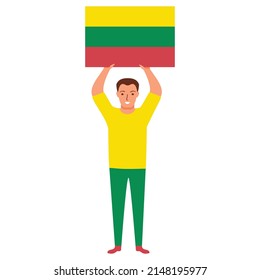 Lithuania flag waving man.Joyful guy hand holding Lithuania flag.Character cartoon vector flat illustration. Isolated on white background.