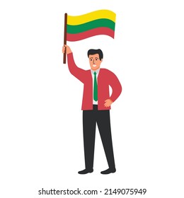 Lithuania flag waving man.Joyful guy hand holding Lithuania flag.Character cartoon vector flat illustration. Isolated on white background.