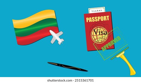 Lithuania flag with white plane icon. Passport with visa approved stamp. Black stylish Pen. Lithuanian Travel poster. Editable vector EPS available