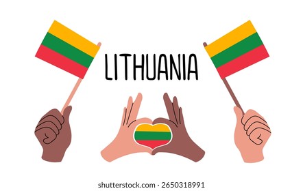 Lithuania flags. Diverse hands holding Lithuanian flags and forming a heart with Lithuania flag inside. Symbol of unity, patriotism and support. Vector Lithuania flags in flat modern style. 