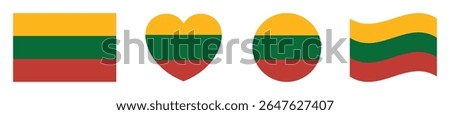 Lithuania flags set in square, heart, circle and waving formats designs element. Lithuania flags collection. Set of Lithuania flags icons isolated on white background. Vector illustration.