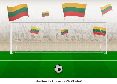 Lithuania football team fans with flags of Lithuania cheering on stadium, penalty kick concept in a soccer match. Sports vector illustration.