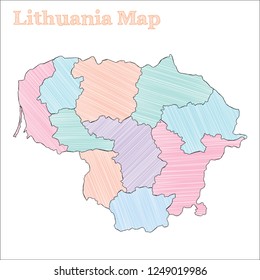 Lithuania hand-drawn map. Colorful sketchy country outline. Precious Lithuania map with provinces. Vector illustration.