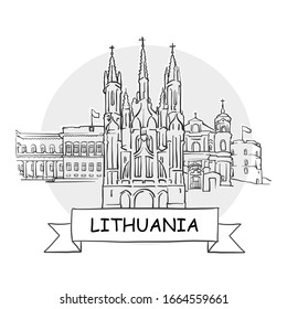 Lithuania Hand-Drawn Urban Vector Sign. Black Line Art Illustration with Ribbon and Title.