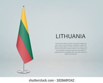 Lithuania hanging flag on stand. Template for politic conference banner