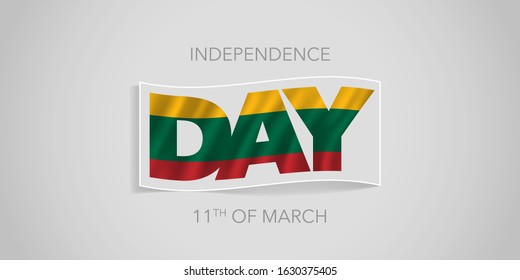 Lithuania happy independence day vector banner, greeting card. Lithuanian wavy flag in nonstandard design for 11th of March national holiday