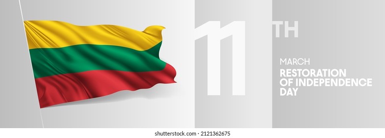 Lithuania happy restoration of independence day greeting card, banner vector illustration. Bosnian national holiday 11th of March design element with 3D waving flag on flagpole