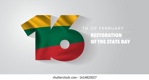 Lithuania happy restoration of the state day vector banner, greeting card. Lithuanian wavy flag in nonstandard design for 16th of February national holiday 