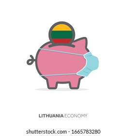 Lithuania healthcare savings. Piggy bank with medical face mask